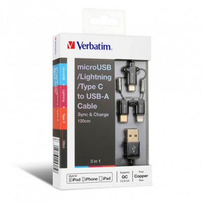 Verbatim 3in1 (Lightning+M+C) Cable 1.2M - Black 充電傳輸線 #65385 [香港行貨]