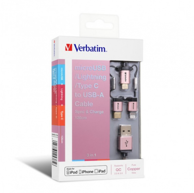 Verbatim 3in1 (Lightning+M+C) Cable 1.2M - Rose Gold 充電傳輸線 #65387 [香港行貨]